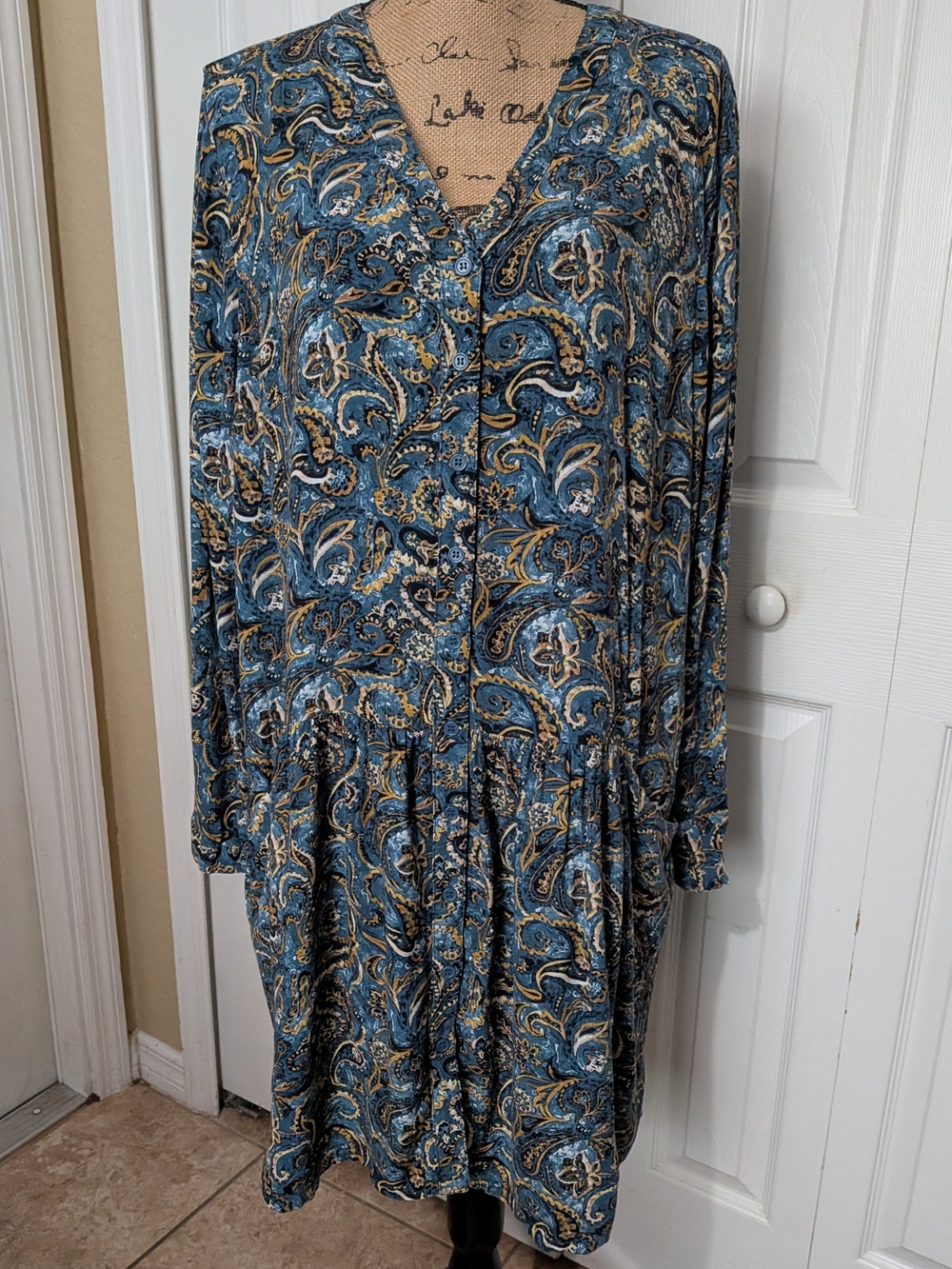 Garnet Hill Blue Paisley Long-Sleeve V-Neck Dress with Yellow Accents